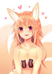 Rule 34 | 1girl, animal ears, arms at sides, bad id, bad pixiv id, blonde hair, blush, breasts, breasts squeezed together, cleavage, collarbone, convenient censoring, fang, fox ears, fox girl, hair between eyes, heart, highres, kitsune, kyuubi, long hair, looking at viewer, medium breasts, multiple tails, nude, ofuda, open mouth, original, purple eyes, red eyes, sidelocks, smile, solo, sukemyon, tail, upper body, white background