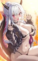 Rule 34 | 1girl, absurdres, bikini, black bikini, black jacket, black nails, blush, breasts, claw pose, cleavage, collarbone, commentary request, dragon girl, dragon horns, dragon tail, fangs, fiery background, fingernails, fire, highres, horns, jacket, kamiya maneki, large breasts, light particles, long hair, long sleeves, looking at viewer, nail polish, navel, open clothes, open jacket, open mouth, original, ponytail, puffy long sleeves, puffy sleeves, red eyes, sharp fingernails, sitting, smile, solo, stomach, swimsuit, tail, thighs, white hair
