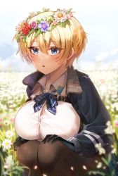 Rule 34 | 1girl, 1other, black gloves, black jacket, black pantyhose, blonde hair, blue eyes, blue ribbon, blue skirt, blue sky, blurry, blush, breasts, buckle, button gap, collarbone, collared shirt, commentary request, cowboy shot, day, depth of field, field, flower, flower field, girls&#039; frontline, gloves, hair between eyes, hair ornament, hands on own knees, head wreath, highres, jacket, large breasts, long sleeves, looking to the side, mole, mole under eye, neck ribbon, outdoors, pantyhose, parted lips, polla, revision, ribbon, shirt, shirt tucked in, short hair, sidelocks, signature, skirt, sky, snap-fit buckle, snowflake hair ornament, solo, sparkle, squatting, vsk-94 (girls&#039; frontline), white flower, white shirt