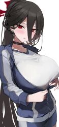 Rule 34 | 1girl, absurdres, black choker, black hair, blue archive, blue jacket, blue shorts, blush, breasts, choker, hair between eyes, halo, hasumi (blue archive), hasumi (track) (blue archive), highres, huge breasts, jacket, logknn, long hair, long sleeves, looking at viewer, parted lips, partially unzipped, ponytail, red eyes, short shorts, shorts, simple background, solo, very long hair, white background