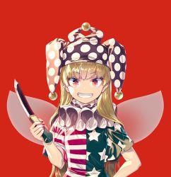 Rule 34 | 1girl, blonde hair, clownpiece, fairy wings, grin, hand on own hip, hat, jester cap, knife, long hair, looking at viewer, nail polish, neck ruff, polka dot, purple hat, red background, red eyes, red nails, short sleeves, simple background, smile, solo, star (symbol), star print, striped, teeth, touhou, upper body, wings, zounose