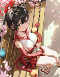 Rule 34 | 1girl, animal ears, bench, bird, black hair, blue archive, breasts, cherry blossoms, closed mouth, cup, elbow gloves, falling petals, from above, geta, gloves, grey eyes, halo, highres, holding, holding cup, kuza brs, large breasts, on bench, petals, pleated skirt, red gloves, red skirt, sailor collar, short hair, sitting, skirt, smile, socks, solo, tsubaki (blue archive)
