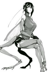 Rule 34 | 1girl, antennae, arthropod girl, breasts, carapace, gloves, greyscale, hair ornament, hairclip, highres, insect wings, jewelry, large breasts, crossed legs, looking at viewer, miniskirt, monochrome, monster girl, multiple legs, nakamura regura, necklace, original, parted lips, short hair, sitting, skirt, sleeveless, solo, sweater, turtleneck, wings