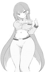Rule 34 | 1girl, ascot, blunt bangs, breasts, cameltoe, chammae, closed mouth, cropped jacket, frown, gloves, gluteal fold, goddess of victory: nikke, greyscale, highres, large breasts, long hair, looking at viewer, marciana (nikke), monochrome, navel, navel piercing, pants, piercing, simple background, solo, tight clothes, tight pants, white background