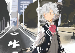 Rule 34 | 1girl, arm behind back, black jacket, blazer, bow, bowtie, brown eyes, cevio, closed mouth, collared shirt, commentary, day, double bun, flipped hair, foliage, grey hair, grey sweater, guitar case, hair bun, hair ornament, hairclip, highres, instrument case, instrument on back, jacket, kabuyama kaigi, koharu rikka, lamppost, long sleeves, looking back, multicolored clothes, multicolored jacket, open clothes, open jacket, outdoors, pink bow, pink bowtie, pink eyes, road, school uniform, shirt, short hair, smile, solo, street, sweater, synthesizer v, two-tone eyes, two-tone jacket, upper body, urban, white sleeves