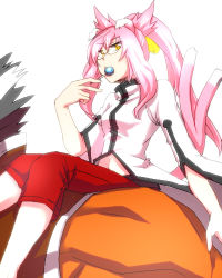Rule 34 | 1girl, animal ears, arc system works, black hair, blazblue, blazblue: calamity trigger, candy, cat ears, cat tail, colored skin, food, glasses, iron tager, kokonoe (blazblue), lab coat, lollipop, long hair, lowres, multiple tails, ossantomato, pants, pink hair, ponytail, red skin, ribbon, riding, short hair, tail, white hair, yellow eyes, yellow ribbon