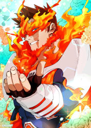 Rule 34 | 1boy, armor, beard, boku no hero academia, endeavor (boku no hero academia), facial hair, fire, gloves, green eyes, kadeart, large pectorals, looking at viewer, male focus, muscular, mustache, pectorals, red hair, scar, simple background, smile, solo, spiked hair, teeth