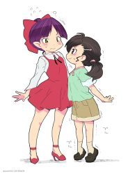 Rule 34 | 2girls, ?, aged down, black footwear, black hair, blue eyes, blush, bow, brooch, brown shorts, child, choker, closed mouth, dot nose, dress, flat chest, flying sweatdrops, full body, gegege no kitarou, gegege no kitarou 6, green shirt, hair bow, hair bun, hair ornament, hairclip, height difference, high heels, inuyama mana, jewelry, loafers, long sleeves, looking at another, measuring, mudou eichi, multiple girls, nekomusume, nekomusume (gegege no kitarou 6), no socks, pointy ears, ponytail, pumps, purple hair, red bow, red choker, red dress, red footwear, shirt, shoes, short hair, short sleeves, shorts, simple background, smile, socks, standing, sweatdrop, t-shirt, tiptoes, trembling, wavy mouth, white background, white shirt, yellow eyes