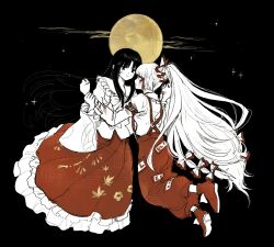 Rule 34 | 2girls, arm grab, arm strap, black hair, blood, blood on face, bow, closed mouth, commentary request, cuts, face-to-face, fujiwara no mokou, full body, hair bow, highres, houraisan kaguya, injury, limited palette, long hair, long sleeves, moon, multiple girls, ofuda, ofuda on clothes, pants, parted lips, ponytail, red footwear, red pants, red skirt, shirt, skirt, smile, subaru (user tmwv7722), suspenders, torn clothes, torn shirt, touhou, very long hair, white hair, white shirt