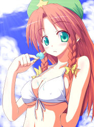 Rule 34 | 1girl, bikini, bikini top only, blue eyes, braid, breasts, cloud, day, female focus, food, front-tie top, hat, highres, hong meiling, large breasts, long hair, nirap, outdoors, popsicle, red hair, sexually suggestive, sky, solo, swimsuit, touhou, twin braids, underboob, upper body