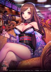 Rule 34 | 1boy, 1girl, bar (place), bare shoulders, bartender, breasts, brown eyes, brown hair, cleavage, crossed legs, dated, furyou michi ~gang road~, glass, han-0v0, highres, holding, japanese clothes, kimono, large breasts, lipstick, looking at viewer, makeup, nail polish, obi, original, sash, sitting, solo focus