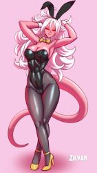 Rule 34 | 1girl, android 21, animal ears, artist name, black sclera, breasts, cleavage, colored sclera, colored skin, curvy, detached collar, dragon ball, dragon ball fighterz, fake animal ears, full body, glowing, glowing eyes, hand in own hair, highleg, highleg leotard, highres, leotard, long hair, looking at viewer, majin android 21, medium breasts, panties, pantyshot, pink background, pink skin, playboy bunny, pointy ears, rabbit ears, rabbit girl, red eyes, shiny clothes, shiny skin, smile, solo, tail, underwear, very long hair, white hair, wide hips, wrist cuffs, zilvan