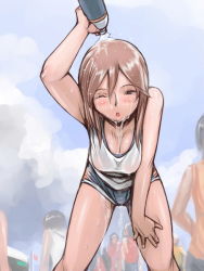 Rule 34 | 00s, 1girl, bent over, breasts, brown eyes, brown hair, casual, cleavage, large breasts, aged up, one eye closed, rozen maiden, see-through, short hair, shorts, solo, souseiseki, tsuda nanafushi, water, wet, wet clothes, wet hair, wink