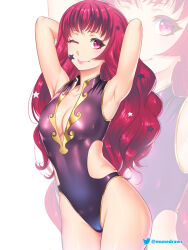 Rule 34 | 1girl, alternate costume, black one-piece swimsuit, blush, breasts, cleavage, etchimune, facial mark, fire emblem, fire emblem engage, hair ornament, large breasts, long hair, looking at viewer, nintendo, one-piece swimsuit, red eyes, red hair, simple background, smile, solo, star (symbol), star facial mark, star hair ornament, swimsuit, yunaka (fire emblem)