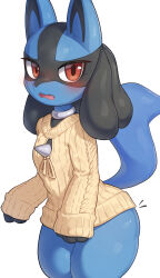 Rule 34 | 1other, absurdres, blush, creatures (company), furry, game freak, gen 4 pokemon, healingpit, highres, looking at viewer, lucario, nintendo, no humans, pokemon, pokemon (creature), simple background, solo, sweater, white background