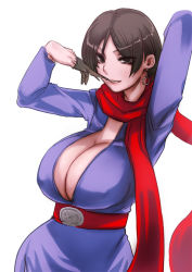 Rule 34 | 1girl, arms up, bad anatomy, belt, breasts, brown eyes, brown hair, capcom, carla radames, cleavage, covered erect nipples, dress, earrings, huge breasts, jewelry, mouth pull, no bra, red scarf, removing glove, resident evil, resident evil 6, scarf, sgk, short hair, solo
