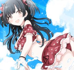 Rule 34 | 1girl, black choker, black hair, blue sky, blush, breasts, brown eyes, choker, cleavage, cloud, commentary, cowboy shot, day, from behind, idolmaster, idolmaster shiny colors, long hair, looking at viewer, mayuzumi fuyuko, medium breasts, morina nao, ocean, open mouth, outdoors, partially submerged, sky, smile, solo, sunlight, swimsuit, two side up, water