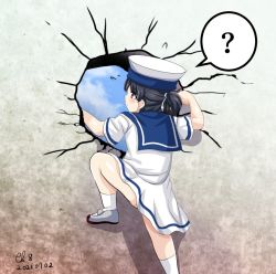 Rule 34 | 1girl, ?, black hair, blue sailor collar, brown eyes, climbing, commentary request, crack, dated, dress, hat, hiburi (kancolle), kantai collection, low ponytail, sailor collar, sailor dress, sailor hat, shoes, short hair, short sleeves, signature, socks, solo, spoken question mark, tk8d32, uwabaki, wall, white dress, white socks