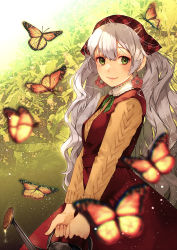 Rule 34 | 1girl, blurry, blurry foreground, bug, butterfly, closed mouth, dress, earrings, green eyes, green ribbon, grey hair, highres, holding, insect, jewelry, long hair, long sleeves, looking at viewer, neck ribbon, original, osmanthus, pinafore dress, red dress, red headwear, ribbon, sleeveless dress, smile, solo, standing, suzuri suzuna, sweater, very long hair, yellow sweater