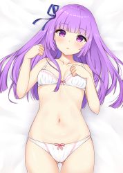 Rule 34 | 1girl, aikatsu!, aikatsu! (series), bare arms, bare shoulders, bed sheet, blue ribbon, blunt bangs, blush, bow, bow bra, bow panties, bra, breasts, collarbone, commentary request, cowboy shot, gluteal fold, hair ribbon, hands up, highres, hikami sumire, long hair, looking at viewer, lying, navel, on back, panties, parted lips, purple eyes, purple hair, ribbon, seventeen (st17215), sidelocks, small breasts, solo, thigh gap, underwear, underwear only, white bra, white panties