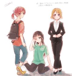 Rule 34 | 10s, 3girls, alternate hairstyle, backpack, bag, barefoot, black hair, blunt bangs, brown footwear, brown hair, casual, clothes writing, copyright name, denim, formal, green eyes, green shirt, hair ribbon, in-franchise crossover, jeans, kneeling, koizumi hanayo, kurosawa dia, lilylion26, long hair, long sleeves, looking at viewer, looking back, love live!, love live! school idol project, love live! sunshine!!, multiple girls, nishikino maki, one eye closed, own hands together, pant suit, pants, ponytail, purple eyes, red hair, red shirt, ribbon, rubbing eyes, shirt, shoes, short hair, signature, smile, socks, standing, suit, sweatpants, t-shirt, translation request