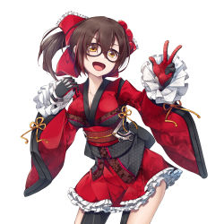 Rule 34 | 1girl, android, bow, breasts, brown hair, cleavage, collarbone, glasses, hair bow, highres, hololive, japanese clothes, kerenmi, leaning forward, mechanical arms, mechanical legs, medium breasts, obi, open mouth, red bow, roboco-san, roboco-san (new year), sash, solo, v, virtual youtuber, white background, wide sleeves, yellow eyes