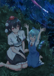 Rule 34 | 2girls, :d, arm support, arms up, barefoot, black hair, black ribbon, black skirt, blue bow, blue dress, blue eyes, blue hair, blush, bow, breasts, cirno, commentary request, dress, feet out of frame, grass, hair between eyes, hair bow, hat, highres, ice, ice wings, kneeling, medium breasts, miniskirt, multiple girls, neck ribbon, night, open mouth, outdoors, petticoat, pinafore dress, pom pom (clothes), puffy short sleeves, puffy sleeves, red eyes, red ribbon, ribbon, roke (taikodon), shameimaru aya, shirt, short hair, short sleeves, sitting, skirt, sleeveless dress, smile, tassel, tokin hat, touhou, white shirt, wings, yokozuwari