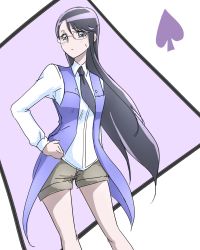 Rule 34 | 1girl, blush, color connection, cosplay, crossover, dokidoki! precure, glasses, heartcatch precure!, jacket, kenzaki makoto, kenzaki makoto (cosplay), long hair, looking at viewer, necktie, precure, purple eyes, purple hair, purple jacket, shirt, shorts, sketch, solo, standing, tsukikage oyama, tsukikage yuri, white shirt
