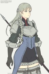 Rule 34 | 1girl, armor, braid, breastplate, closed mouth, gloves, gofelem, greaves, grey eyes, grey hair, groin, long hair, polearm, ravness loxaerion, simple background, solo, tactics ogre, thighhighs, weapon