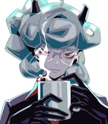 Rule 34 | 1girl, black gloves, closed mouth, cup, curly hair, demon, demon girl, demon horns, donuttypd, glasses, gloves, grey hair, helltaker, holding, holding cup, horns, looking ahead, pandemonica (helltaker), red eyes, steam, white background
