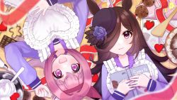 Rule 34 | 2girls, animal ears, apron, book, bowl, brown hair, chocolate, closed mouth, cookie, cookie cutter, flower, food, frilled apron, frills, hair over one eye, hairband, haru urara (umamusume), hat, heart, heart apron, holding, holding book, horse ears, long hair, long sleeves, looking at viewer, lying, miru (miruterud), multiple girls, on back, open mouth, pink eyes, pink hair, purple shirt, rice shower (umamusume), rolling pin, rose, school uniform, shirt, smile, tracen school uniform, umamusume, whipped cream, white apron
