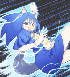 Rule 34 | 1girl, :3, :d, alternate eye color, alternate hair color, animal hood, black shirt, blue hair, bone hair ornament, cosplay, dog tail, electricity, gloves, green eyes, hair ornament, highres, hololive, hood, hood up, inugami korone, inugami korone (sonikoro), open mouth, pre3445, shirt, smile, solo, sonic (series), sonic the hedgehog, sonic the hedgehog (cosplay), tail, virtual youtuber, white gloves