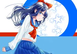 Rule 34 | 10s, 1girl, :3, absurdres, blue eyes, blue hair, blue skirt, blush, bow, closed mouth, collarbone, hair bow, highres, long hair, long sleeves, looking at viewer, navel, pipimi, poptepipic, red bow, school uniform, skirt, smile, solo, star (symbol), tachibana komoro, upper body