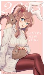 Rule 34 | 1girl, 2023, animal, animal ears, animal on lap, animal on shoulder, bare shoulders, blue eyes, blush, breasts, brown hair, chinese zodiac, clothing cutout, commentary request, crossed legs, dress, fake animal ears, happy new year, highres, kantai collection, large breasts, long hair, long sleeves, looking at viewer, nail polish, natsume (natsume melio), new year, on lap, open mouth, pantyhose, ponytail, rabbit, rabbit ears, red nails, red pantyhose, ribbed sweater, saratoga (kancolle), shoulder cutout, simple background, sitting, solo, sweater, sweater dress, twitter username, white sweater, year of the rabbit