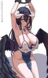 Rule 34 | 1girl, albedo (overlord), armpits, arms up, black hair, black wings, bound, breasts, commentary, covered erect nipples, cuffs, demon girl, demon horns, detached collar, english commentary, feathered wings, hair between eyes, handcuffs, highres, horns, large breasts, long hair, long hair between eyes, looking at viewer, overlord (maruyama), patreon username, pelvic curtain, restrained, seiza, shadow, simple background, sitting, smile, solo, wings, yellow eyes, zefrableu