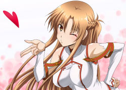 Rule 34 | 1girl, ;o, artist request, asuna (sao), blowing kiss, blush, breasts, brown eyes, brown hair, dress, explorador sei, female focus, hand on own hip, heart, large breasts, leaning forward, long hair, one eye closed, parted lips, solo, sword art online, wink