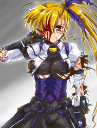 Rule 34 | 10s, 1girl, aged up, armor, bleeding, blonde hair, blood, blood on face, blush, bodysuit, breasts, broken armor, clenched hand, cowboy shot, cuts, gloves, hair ribbon, injury, jacket, large breasts, light blush, long hair, looking at viewer, lyrical nanoha, mahou shoujo lyrical nanoha vivid, red eyes, ribbon, san-pon, side ponytail, smirk, solo, torn bodysuit, torn clothes, torn gloves, torn jacket, underboob, very long hair, vivio, waist cape
