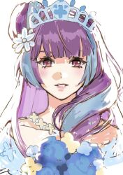 Rule 34 | 1girl, blue dress, blue flower, blue hair, bouquet, commentary, dress, english commentary, flower, hair bun, hair flower, hair ornament, holding, holding bouquet, looking at viewer, macross, macross delta, mikumo guynemer, multicolored hair, nekkikamille, parted lips, portrait, purple eyes, purple hair, single hair bun, sketch, solo, straight-on, streaked hair, tiara, white background, yellow flower