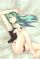 Rule 34 | 1girl, armpits, barefoot, black panties, blue eyes, breasts, caam serenity of gusto, cleavage, covering privates, covering breasts, duel monster, green hair, highres, long hair, lying, nasuka@hiyokko, on back, on bed, one eye closed, panties, see-through, sidelocks, solo, tenpester, thong, topless, underwear, wink, yu-gi-oh!