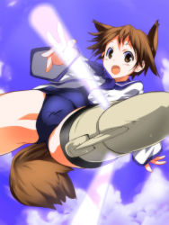 Rule 34 | 1girl, alta, animal ears, brown eyes, brown hair, cameltoe, cloud, day, highres, midair, miyafuji yoshika, no pants, one-piece swimsuit, open mouth, oruta (owata saber), ribbon, school swimsuit, school uniform, sky, solo, spread legs, strike witches, swimsuit, swimsuit under clothes, tail, world witches series