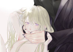 Rule 34 | 1boy, 1girl, age difference, black jacket, black shirt, blonde hair, clothed male nude female, couple, flat chest, hands on another&#039;s neck, head out of frame, hetero, highres, jacket, jewelry, long hair, msa (fary white), nude, open mouth, original, purple eyes, purple nails, ring, shirt, simple background, slit pupils, solo focus, white background