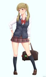 Rule 34 | 1girl, bag, bag charm, blush, bow, bowtie, breasts, brown hair, cardigan vest, charm (object), duffel bag, earrings, full body, highres, jewelry, kneehighs, loafers, long hair, long sleeves, looking at viewer, miniskirt, original, plaid, plaid skirt, red eyes, school bag, school uniform, shoes, simple background, skirt, smile, socks, solo, sweater vest, twintails, yurashima