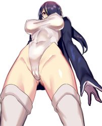 1girl, black hair, blush, breasts, brown eyes, cameltoe, covered navel, emperor penguin (kemono friends), gloves, hair over one eye, headphones, highleg, kemono friends, leotard, long hair, looking at viewer, simple background, solo, thighhighs, ukimukai, white background, white legwear, white leotard