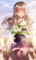 Rule 34 | 1girl, beret, black hat, black skirt, black thighhighs, blurry, blurry foreground, blush, bracelet, brown eyes, brown hair, camera, cloud, field, green shirt, hair ornament, hands up, hat, highres, holding, holding camera, jewelry, long hair, long sleeves, looking at viewer, mountain, one eye closed, original, outdoors, parted lips, pleated skirt, shirt, skirt, sky, smile, soen, solo, standing, thighhighs, zettai ryouiki