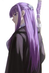 Rule 34 | 1girl, absurdres, black coat, black robe, butterfly hair ornament, closed mouth, coat, collar, commentary, cut bangs, english commentary, fern (sousou no frieren), frilled collar, frills, hair ornament, highres, holding, holding staff, long hair, long sleeves, mage staff, purple eyes, purple hair, robe, sidelocks, simple background, solo, sousou no frieren, staff, straight hair, uqi32, white background