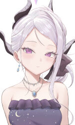 Rule 34 | 1girl, absurdres, bare shoulders, blue archive, blush, breasts, collarbone, crescent print, demon horns, dress, edible sus, grey hair, highres, hina (blue archive), hina (dress) (blue archive), horns, looking at viewer, multiple horns, official alternate costume, pink eyes, purple dress, simple background, small breasts, solo, star (symbol), star print, strapless, strapless dress, upper body, white background