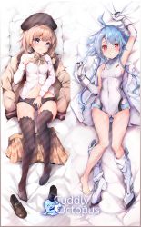 Rule 34 | arm up, armpits, bare legs, bare shoulders, barefoot, bed sheet, beige blazer, beret, black legwear, black panties, blanc (neptunia), blue eyes, blue hair, blush, boots, bow, bow panties, breasts, brown hair, covered navel, dual persona, elbow gloves, full body, gekijigen tag: blanc + neptune vs zombie gundan, gloves, hair between eyes, hand on own chest, hand up, hat, jacket, knee up, knees together feet apart, leotard, looking at viewer, lying, medium hair, navel, neptune (series), no bra, on back, open mouth, panties, papion, plaid, plaid bow, plaid skirt, pleated skirt, polka dot, polka dot panties, power symbol, power symbol-shaped pupils, red eyes, school uniform, sheet grab, shoes, short hair with long locks, skin tight, skirt, small breasts, symbol-shaped pupils, thigh boots, thighhighs, underwear, unworn boot, unworn boots, unworn jacket, unworn shirt, unworn shoes, unworn skirt, white gloves, white heart (neptunia), white legwear, white leotard