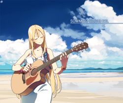 Rule 34 | acoustic guitar, text background, bare shoulders, beach, blonde hair, blue sky, bracelet, circle a, closed eyes, closed mouth, cloud, cloudy sky, commentary, commentary request, day, dress, english commentary, english text, guitar, halterneck, holding, holding instrument, instrument, jewelry, landscape, long hair, mountain, mountainous horizon, music, ocean, original, partial commentary, playing instrument, plectrum, seascape, sky, sleeveless, sleeveless dress, smile, sundress, very long hair, white dress