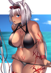 Rule 34 | 1girl, absurdres, animal ears, bare shoulders, beach, bikini, black bikini, blue eyes, blue sky, body markings, breasts, caenis (fate), caenis (swimsuit rider) (fate), cleavage, collarbone, fate/grand order, fate (series), goggles, hairband, harpoon, highres, large breasts, long hair, looking at viewer, muyoshito, navel, ocean, open mouth, sky, solo, swimsuit, thighs, very long hair, wet, white hair, yoshito (muyoshito207)