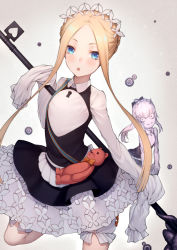 Rule 34 | 2girls, abigail williams (fate), abigail williams (festival outfit) (fate), bad id, bad pixiv id, black skirt, blonde hair, bloomers, blue eyes, blush, braid, breasts, colored skin, dress, fate/grand order, fate (series), forehead, french braid, grey hair, heroic spirit chaldea park outfit, horns, key, kyoeiki, lavinia whateley (fate), long hair, long sleeves, looking at viewer, maid headdress, mop, multiple girls, official alternate costume, open mouth, parted bangs, ponytail, sash, sidelocks, simple background, single horn, skirt, sleeves past fingers, sleeves past wrists, small breasts, smile, stuffed animal, stuffed toy, teddy bear, thighs, underwear, white background, white bloomers, white dress, white skin, wide-eyed